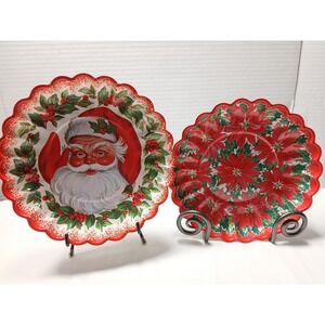 Vintage Christmas 1960's Plastic Cookie Trays Santa With Holly And Poinsettia